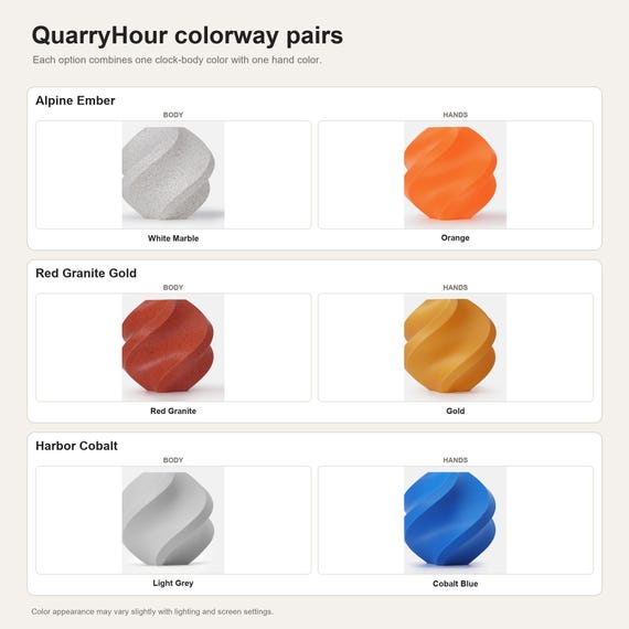 QuarryHour colorway pairs showing the exact colors used in each selectable option