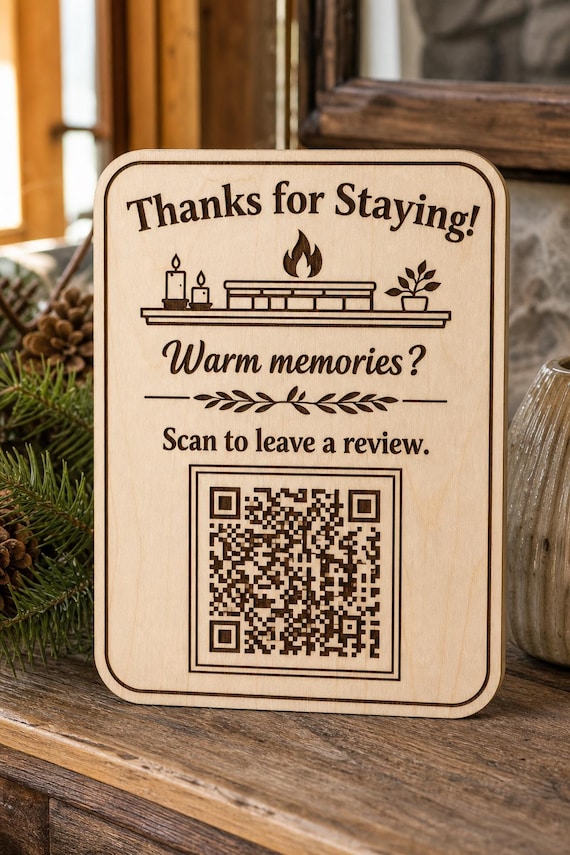 Fireside Keepsake Review QR Sign, Personalized Guest Thank You, Engraved Birch Vacation Rental Decor