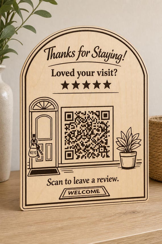Welcome Key Review QR Sign, Personalized Guest Thank You Decor, Engraved Birch Vacation Rental Sign