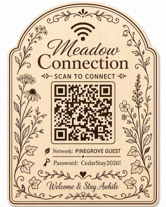Meadow Connection Guest WiFi Sign, Personalized QR Code, Engraved Birch Floral Decor