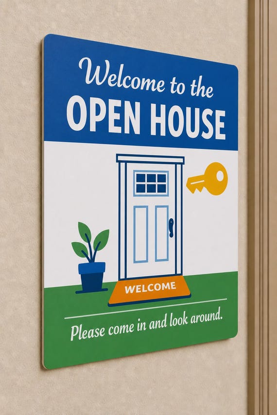 BlueDoor multicolor open-house welcome sign mounted on a neutral wall from a close side angle.
