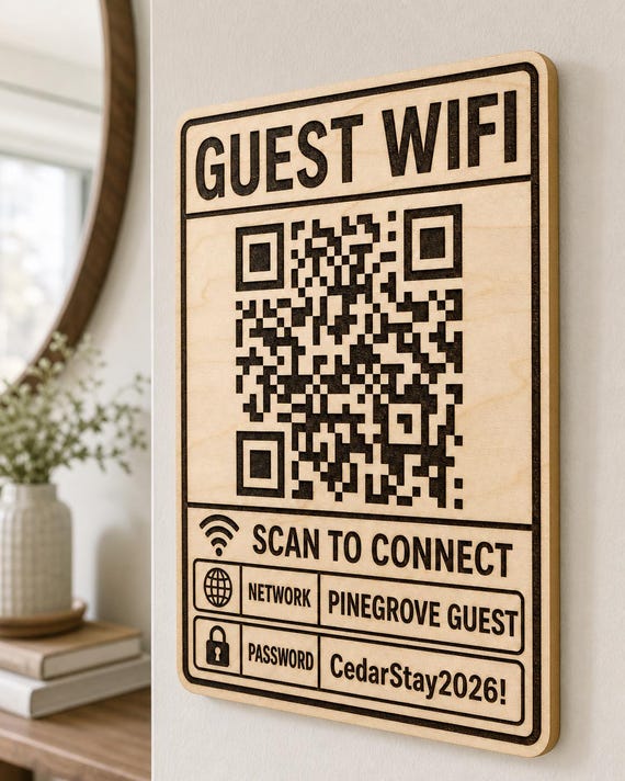 Crisp Connect Guest WiFi Sign engraved birch sign mounted on a realistic neutral interior wall from a close side angle in natural birch and dark engraving, showing the QR code and guest network details.