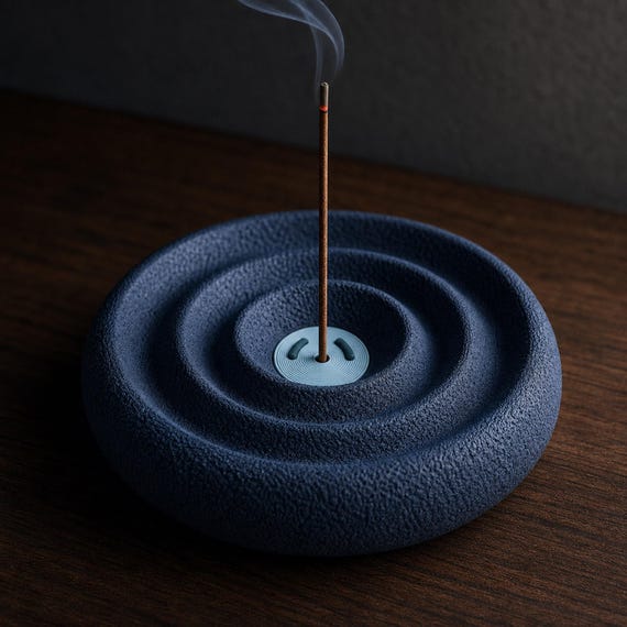 QuietTide Incense Dish, close-up of the textured Stillwave incense holder in Midnight Tide on a dark wood surface