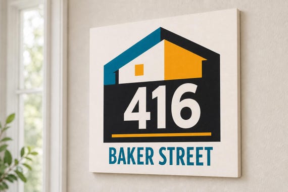 AddressMark colorful house-number sign mounted on a neutral entry wall from a close side angle.