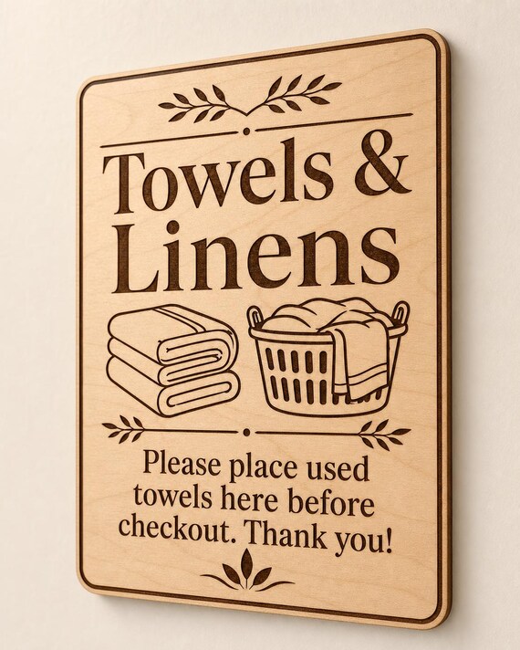 LinenHaven engraved birch towel return sign mounted on a warm-white bathroom wall from a close side angle.