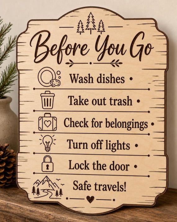 WanderWell Before You Go Sign, Personalized Checkout Checklist, Engraved Wood Vacation Rental Decor