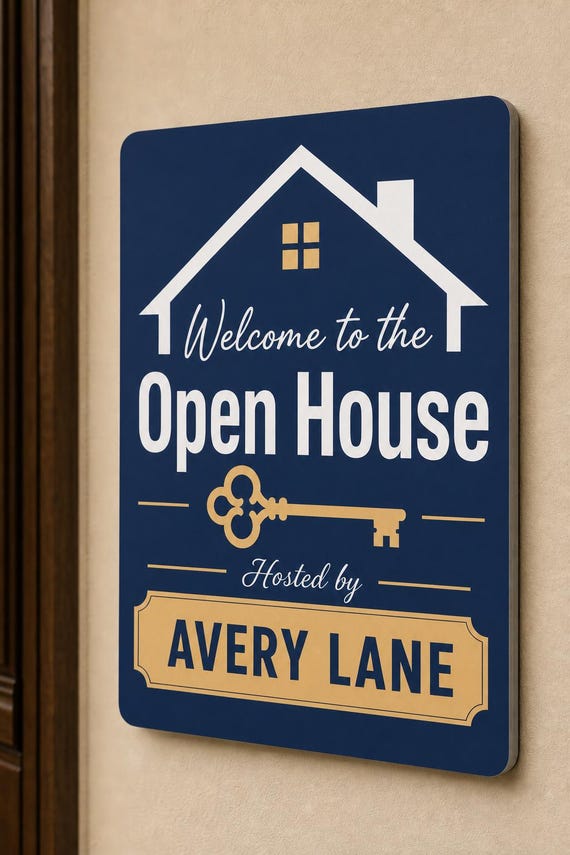 NavyKey multicolor hosted open-house sign mounted on a warm neutral wall from a close side angle with Avery Lane.
