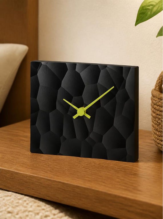 PrismHearth Geometric Table Clock, Faceted Sculptural Timepiece for Desk, Shelf, Mantel or Bedside Table