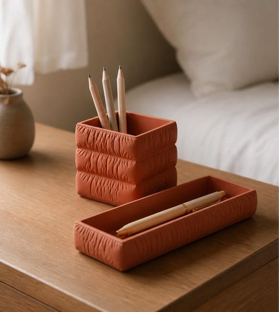 StudioSwell Organizer Set, Gathered Pen Cup and Pencil Tray, Sculptural Home Office Desk Storage