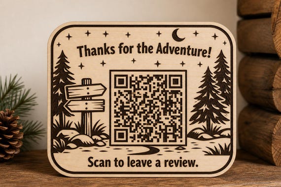 TimberQuest Adventure Review QR Sign, Personalized Cabin Guest Thank You, Engraved Birch Rental Decor