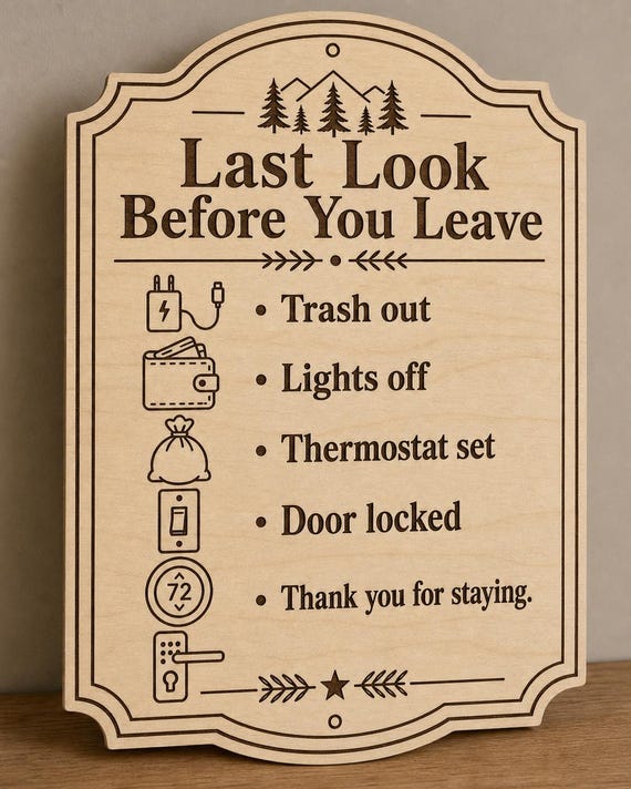 SummitStay Last Look Sign, Personalized Airbnb Checkout Checklist, Engraved Wood Vacation Rental Decor