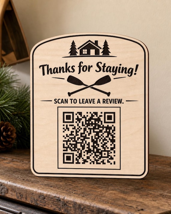 LakeTrail Paddle Review QR Sign, Personalized Cabin Guest Thank You, Engraved Birch Rental Decor