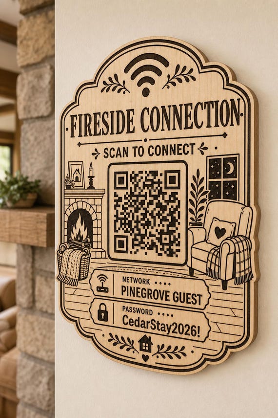 Fireside Connection Guest WiFi Sign engraved birch sign mounted on a realistic neutral interior wall from a close side angle in natural birch and dark engraving, showing the QR code and guest network details.