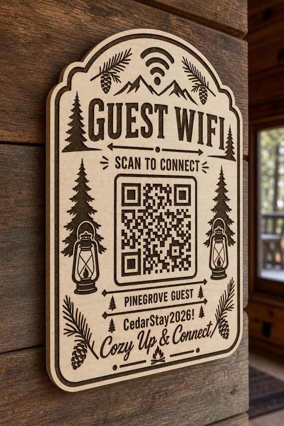 Pine Lantern Connect Guest WiFi Sign engraved birch sign mounted on a realistic neutral interior wall from a close side angle in natural birch and dark engraving, showing the QR code and guest network details.
