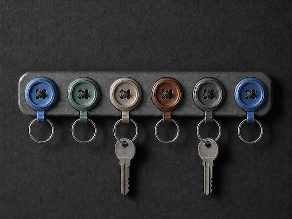 Close-up of the six-slot SpinKey Welcome Rail wall key holder in the shiny Metallic colorway