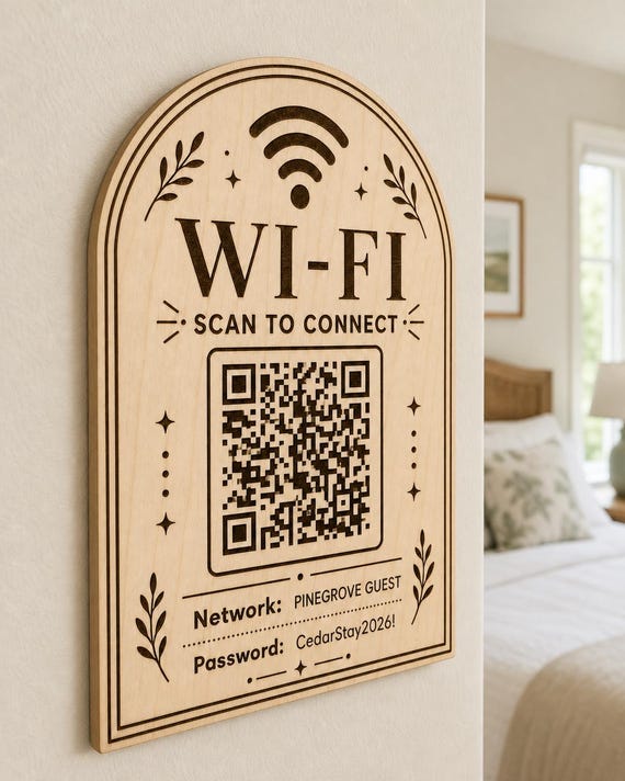 Celestial Laurel Guest WiFi Sign engraved birch sign mounted on a realistic neutral interior wall from a close side angle in natural birch and dark engraving, showing the QR code and guest network details.