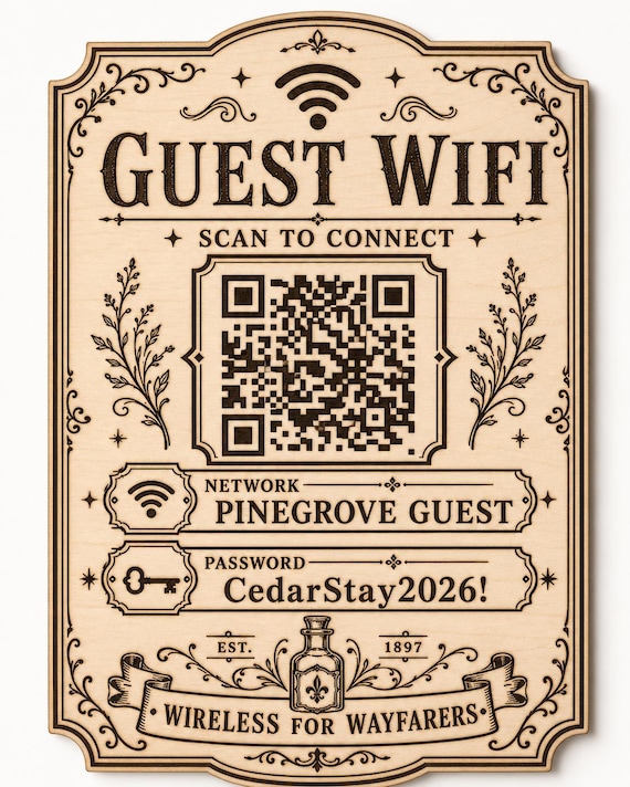 Wayfarer Wireless Guest WiFi Sign, Personalized QR Code, Engraved Birch Vintage Decor
