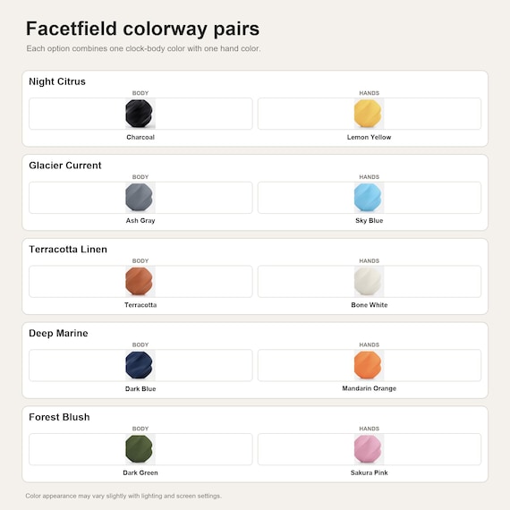 Facetfield colorway pairs showing the exact colors used in each selectable option