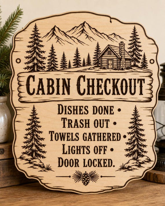 TimberTrail Cabin Checkout Sign, Personalized Guest Checklist, Engraved Wood Mountain Rental Decor