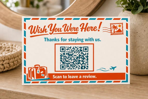 Postcard Farewell Review QR Sign, Personalized Vacation Rental Thank You Decor, Travel Guest Display