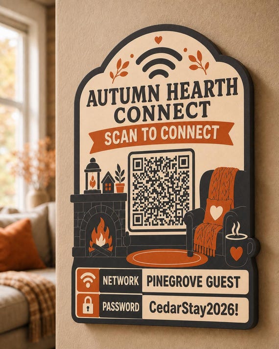 Autumn Hearth Connect Guest WiFi Sign textured multicolor sign mounted on a realistic neutral interior wall from a close side angle in cream, espresso brown, and burnt orange, showing the QR code and guest network details.