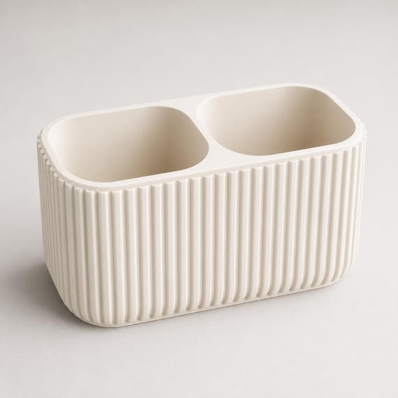 Empty Ivory White Flutebay Desk Organizer organizer showing two equal rounded compartments