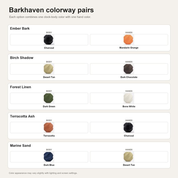 Barkhaven colorway pairs showing the exact colors used in each selectable option