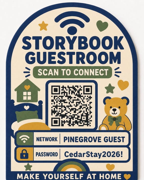 Storybook Guestroom WiFi Sign, Personalized QR Code, Cozy Family Guest Room Decor