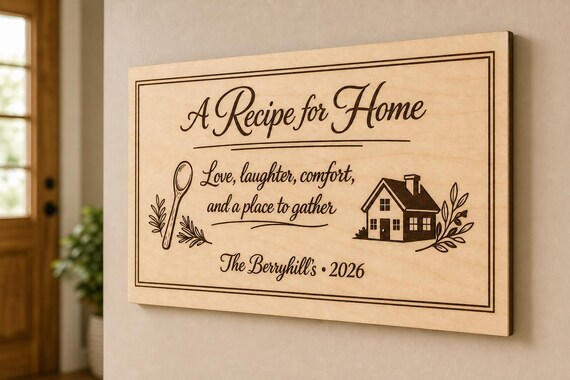 Recipe for Home engraved birch family sign mounted on a warm dining wall from a close side angle.