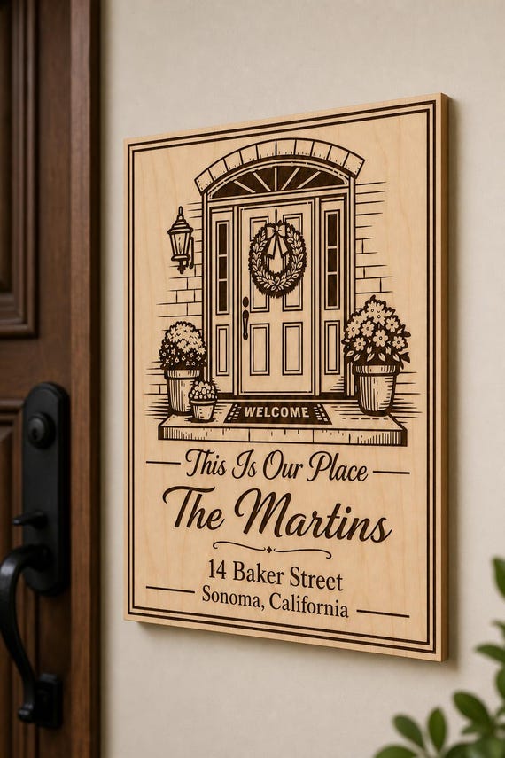 Front Door Our Place engraved birch sign mounted on a warm foyer wall from a close side angle.