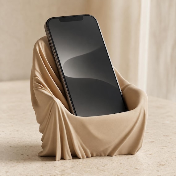 DrapeDock Sculptural Phone Stand, Draped Chair Smartphone Holder, Desk and Bedside Dock, 25 Matte Colors
