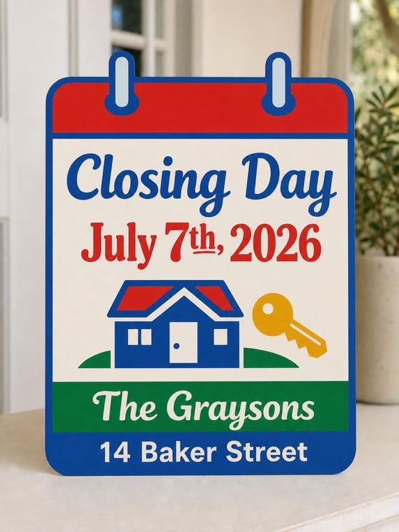 Closing Day Calendar Sign, Personalized Date and Family Name, Colorful Realtor Closing Gift