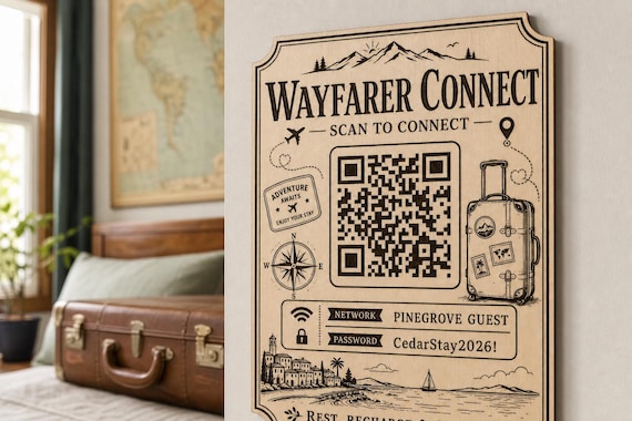 Wayfarer Connect Guest WiFi Sign engraved birch sign mounted on a realistic neutral interior wall from a close side angle in natural birch and dark engraving, showing the QR code and guest network details.