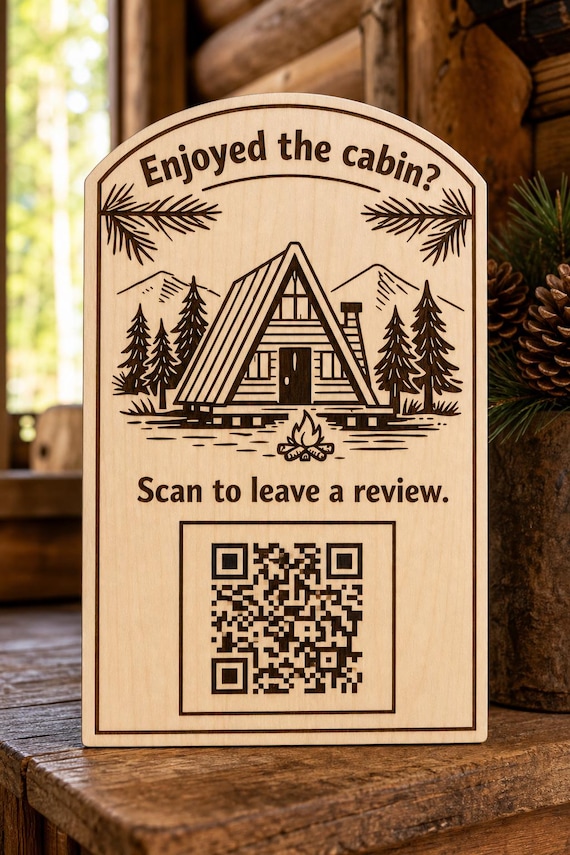 TimberPeak Cabin Review QR Sign, Personalized Guest Thank You, Engraved Birch Mountain Rental Decor