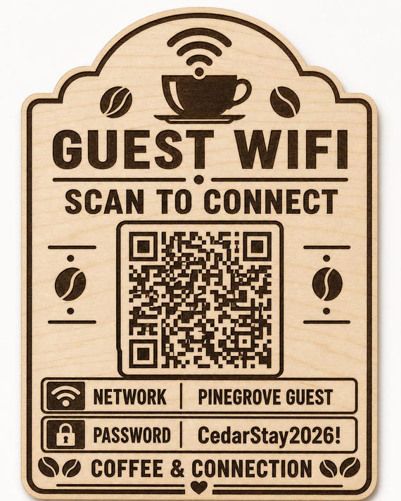 Coffee and Connection Guest WiFi Sign, Personalized QR Code, Engraved Birch Cafe Decor