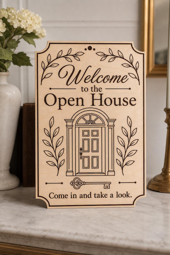 BotanicalEntry Open House Sign, Personalized Come In and Take a Look, Engraved Birch Realtor Decor