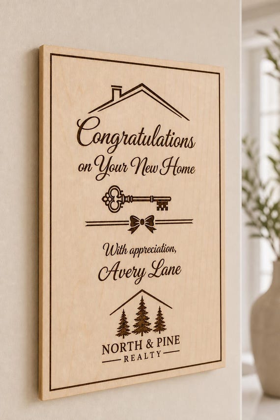 Closing Key engraved birch appreciation sign mounted on a neutral wall from a close side angle.