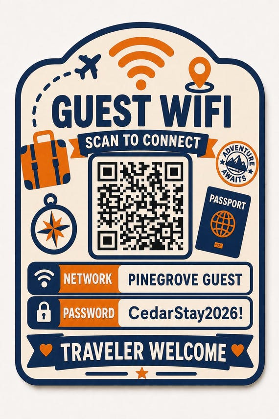 Traveler Welcome Guest WiFi Sign, Personalized QR Code, Adventure Vacation Rental Decor