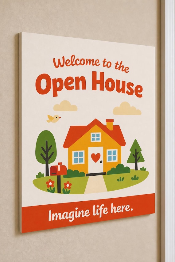 SunnyDoor multicolor open-house welcome sign mounted on a warm neutral wall from a close side angle.