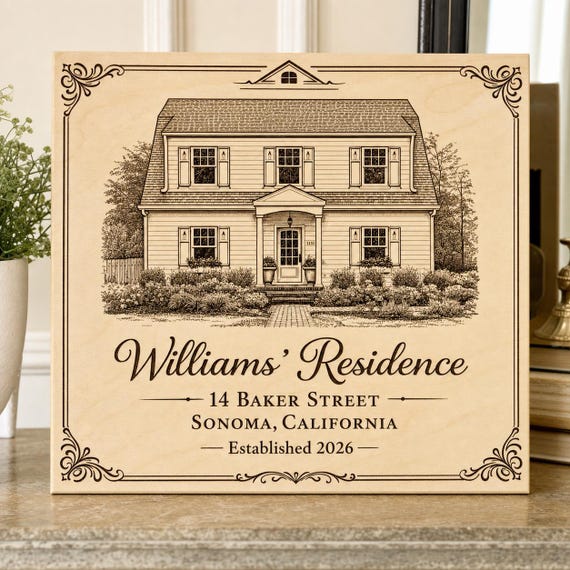 Custom Residence Portrait Sign, Personalized House Drawing and Address, Engraved Birch Closing Gift