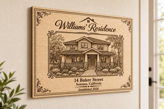 Heirloom Residence engraved birch house portrait mounted on a warm foyer wall from a close side angle.