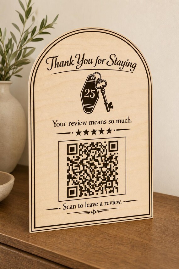 Keyhaven Guest Review QR Sign, Personalized Vacation Rental Thank You Decor, Engraved Birch Host Sign