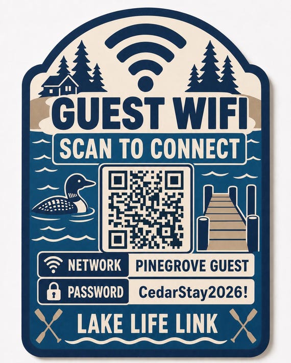 Lake Life Link Guest WiFi Sign, Personalized QR Code, Lakeside Vacation Rental Decor