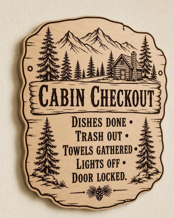 TimberTrail engraved birch cabin checkout sign mounted on a cream wall from a close side angle.