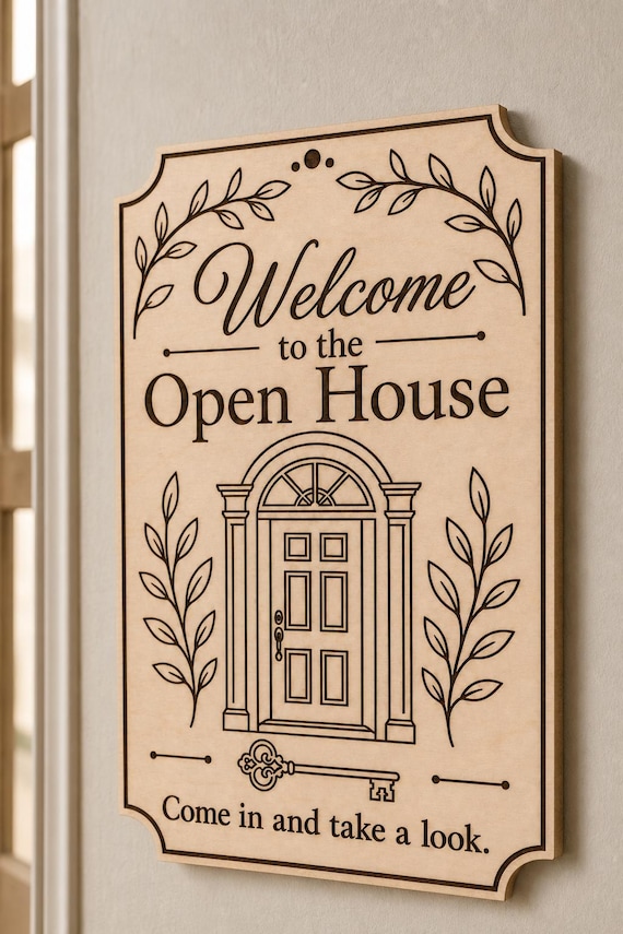 BotanicalEntry engraved birch open-house welcome sign mounted on a warm neutral wall from a close side angle.