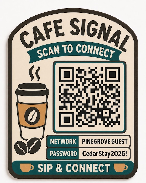 Cafe Signal Guest WiFi Sign, Personalized QR Code, Coffeehouse Host Decor