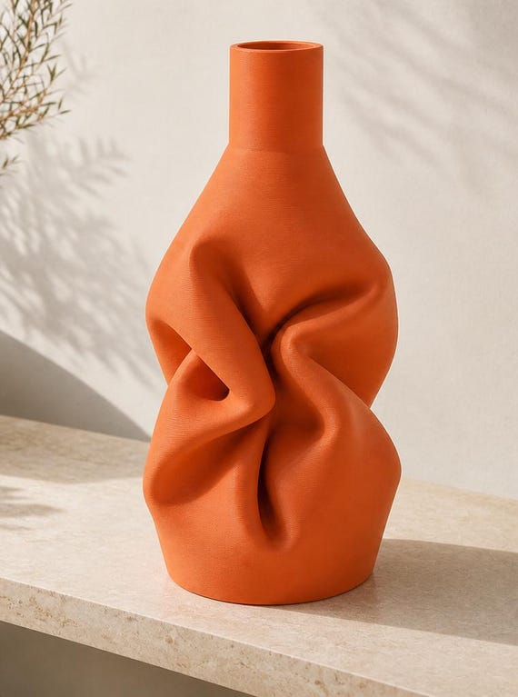 LinenFlow Sculptural Vase, Draped Fabric Look Flower Holder for Dried Stems, Mantel, Shelf or Console