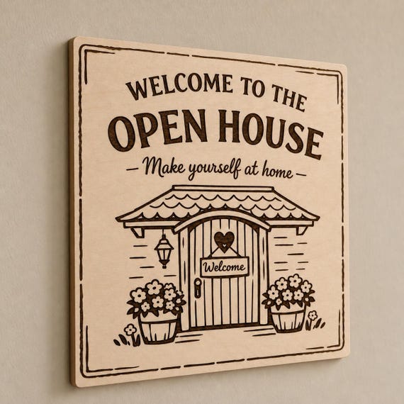 CottageLine engraved birch square open-house welcome sign mounted on a neutral wall from a close side angle.