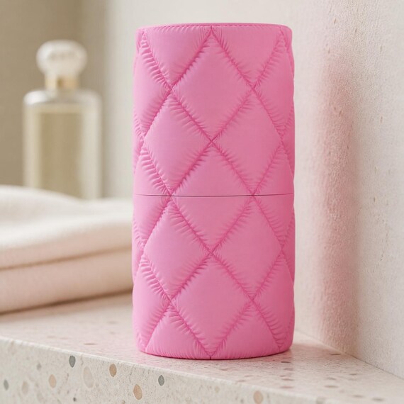 Wayfarer Quilt Case Collection, close-up of the complete compact Cloudquilt essentials travel case in Sakura Pink