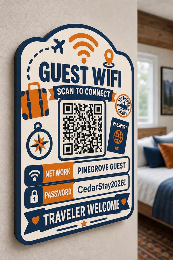 Traveler Welcome Guest WiFi Sign textured multicolor sign mounted on a realistic neutral interior wall from a close side angle in cream, navy, and orange, showing the QR code and guest network details.